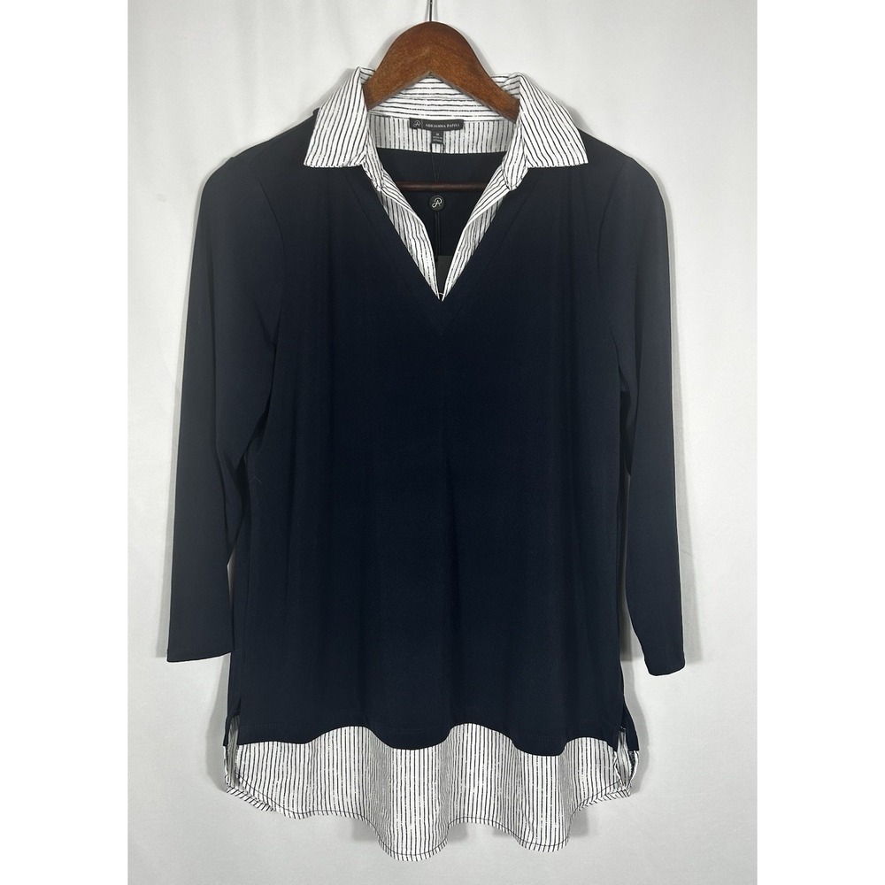 Adrianna Papell Layered Tunic Top Size M Striped Collar Preppy Old Money Capsule